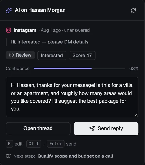 Sentinel AI panel for an Instagram enquiry marked for review at 63% confidence, with a drafted reply and the suggested next step