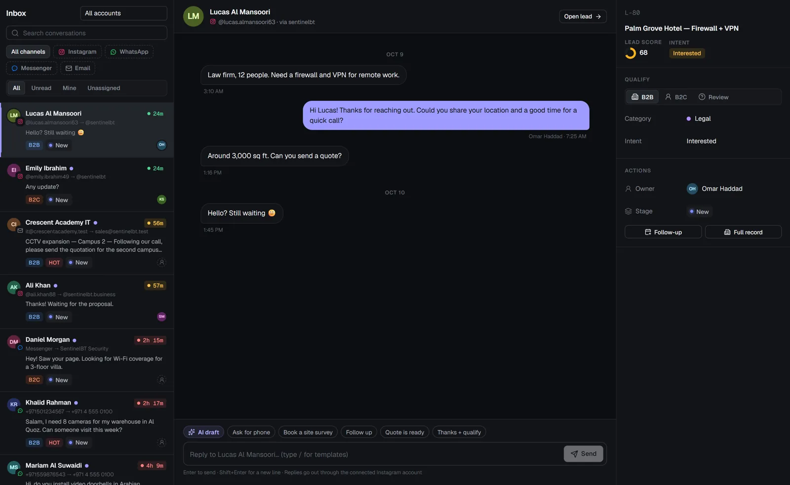 Sentinel CRM shared inbox showing WhatsApp, Instagram, Messenger and email conversations